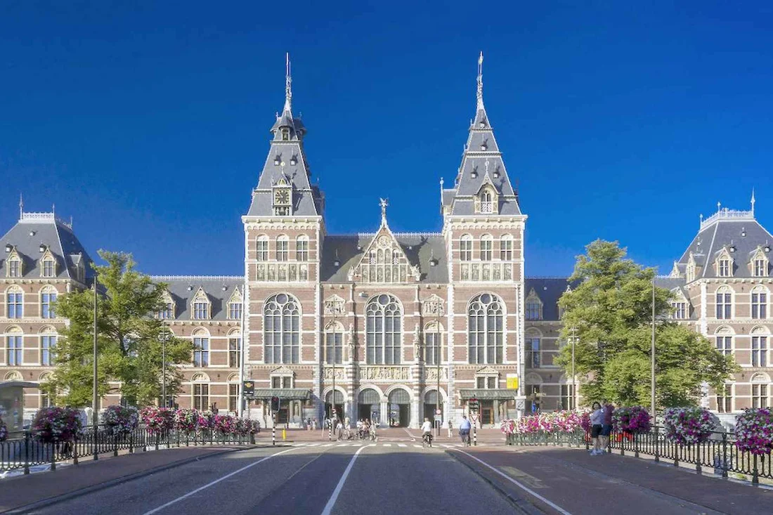 The Rijksmuseum facade on the Museumplein in Amsterdam